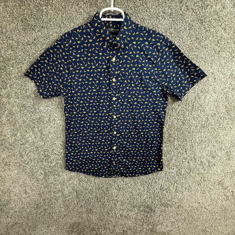 Nick Graham Mens Navy Blue Banana Print Short Sleeve Button Down Shirt Medium